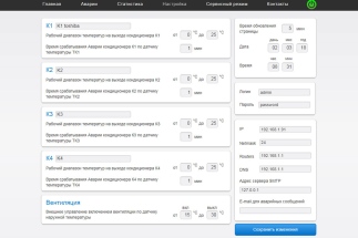 Страница настройки всех кондиционеров в зависимости от производителя, времени, IP-адреса для входа в систему МАРК-4С и паролей доступа